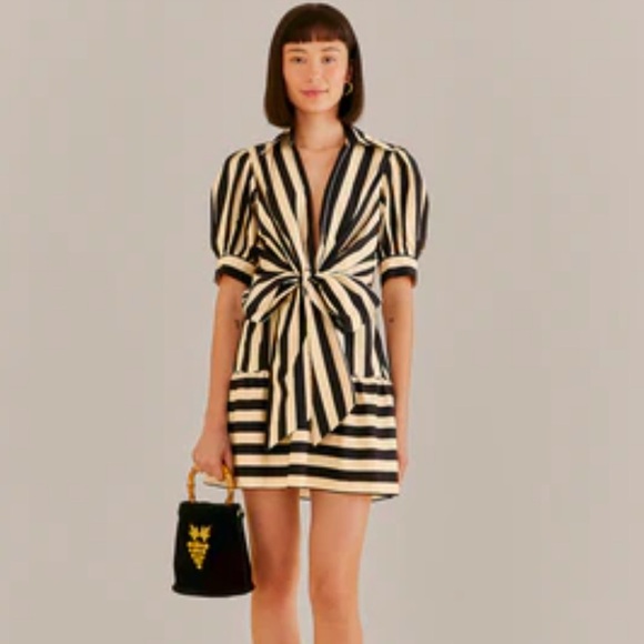 FARM Rio Black and Cream Striped Mini Dress with Front Tie - Picture 6 of 11